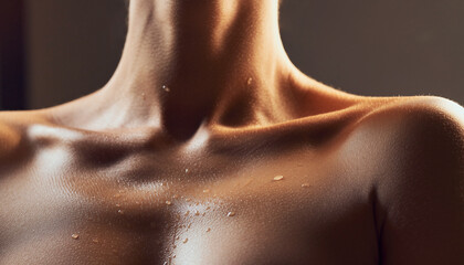 Close-up of a person's upper chest and prominent collarbones with glistening sweat droplets on the skin, suggesting exertion or warmth.