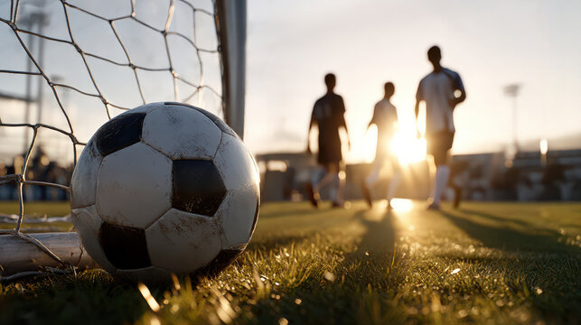 Photorealistic sunset football scene with players walking across the field after training, warm cinematic sunlight pouring from stadium side, silhouettes from behind