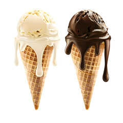 a summer-themed illustration featuring a vanilla and chocolate ice cream cone dripping set isolated on white and transparent background