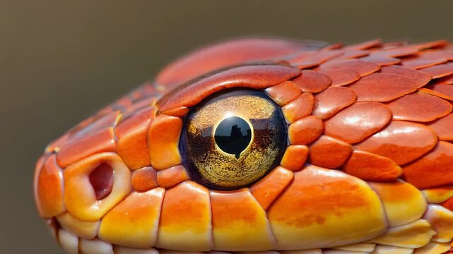 Macro panorama of a vibrant red corn snake's head in extreme close up detail. The reptile's golden eye, nostril, and orange scales are in sharp focus for a biology study