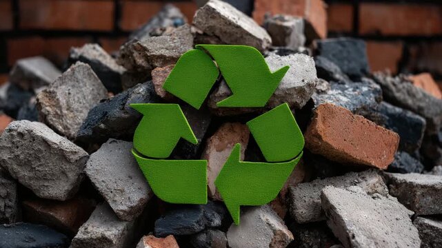 402Close-up of a bright green recycling icon resting on a pile of concrete rubble, with a brick wall background, highlighting sustainable building material reuse