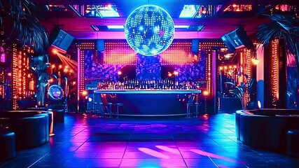 Empty nightclub interior with a glowing disco ball spinning over a neon lit dance floor, casting purple, blue and orange reflections for a retro synthwave nightlife vibe - Powered by Adobe