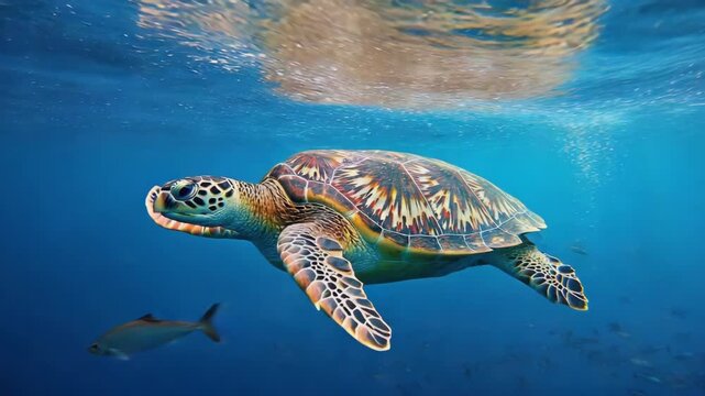 Majestic green sea turtle swimming in the deep blue ocean. Composite sequence showing the beautiful marine reptile in its natural underwater habitat near the surface