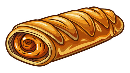 Very beautiful semi-realistic vector illustration of a single sausage roll on a clean white background, showing flaky pastry texture, warm golden tones, and a simple, appetizing presentation.