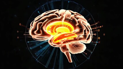 Futuristic visualization of human brain activity with a glowing core. Artificial intelligence and neuroscience concept showing a digital neural network and data processing - Powered by Adobe