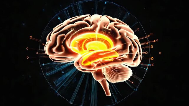Futuristic visualization of human brain activity with a glowing core. Artificial intelligence and neuroscience concept showing a digital neural network and data processing - Powered by Adobe