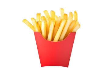 Golden French Fries Overflowing from a Red Container Against Black Backdrop, Tempting Takeout Treat Delight