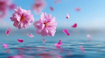 Pink cherry blossoms floating above tranquil water under clear blue sky