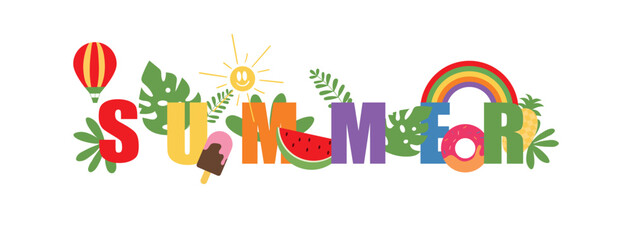Vibrant Summer Colorful Typography Vector Illustration with Fruits, Leaves, and Sunshine Elements