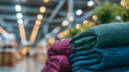 2Close-up of stacks of folded textiles in deep emerald, sapphire, and ruby hues, illuminated by soft industrial lighting inside a sleek modern warehouse