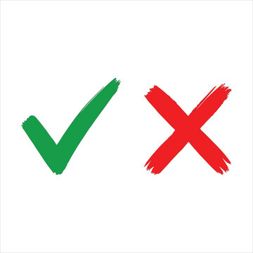 Correct and Incorrect Icon Set. Brushstroke green checkmark and red X symbols for approval, rejection, or evaluation interfaces. Vector for decision-making.