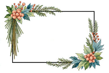 Elegant winter floral border with pine needles and berries