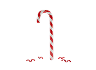 A Classic Red and White Striped Candy Cane with Red Confetti on a Transparent Background