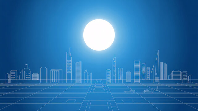 Sleek futuristic city blueprint with glowing sun and stylish cars for modern architectural design projects and innovative urban planning visuals on blue background