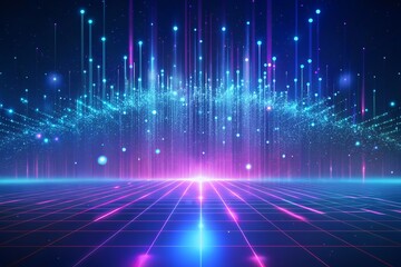 Abstract digital network grid with glowing blue and pink light streams