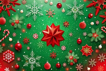Vibrant christmas decorations scattered across a festive green background