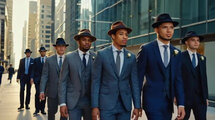 A diverse group of handsome groomsmen in formal suits and fedora hats walking confidently in the city. Best man and friends celebrating a wedding day with a stylish urban procession