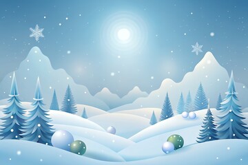 Magical winter wonderland with snow covered mountains and evergreen trees