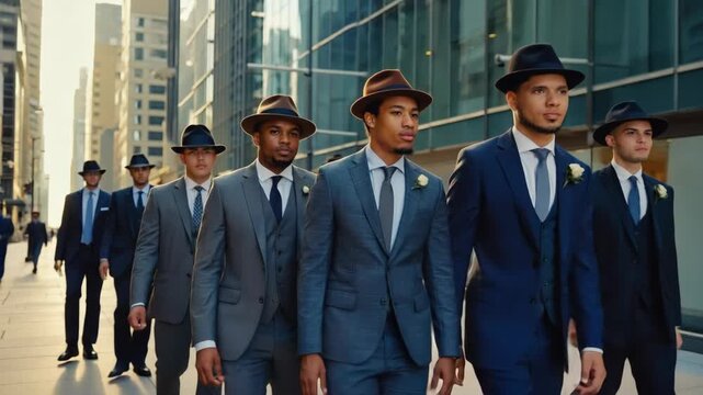 A diverse group of handsome groomsmen in formal suits and fedora hats walking confidently in the city. Best man and friends celebrating a wedding day with a stylish urban procession