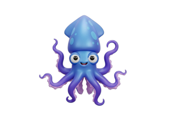 A Cute Blue Squid Character with Big Eyes and Tentacles Floats Gracefully in the Ocean Depths with a Transparent Background