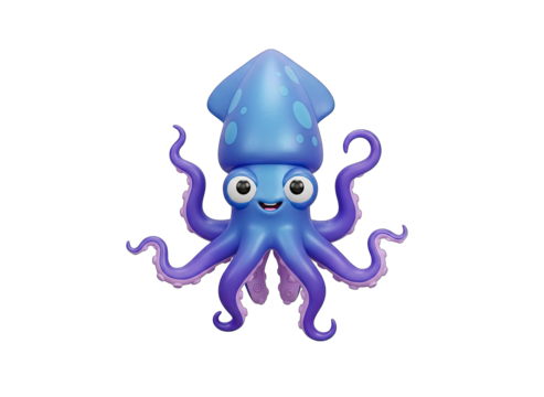 A Cute Blue Squid Character with Big Eyes and Tentacles Floats Gracefully in the Ocean Depths with a Transparent Background