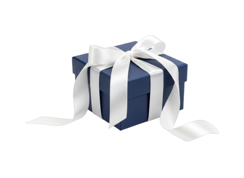 A Dark Blue Gift Box Tied With A White Satin Ribbon On A Transparent Background Isolated