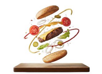 A Deconstructed Burger With Sesame Seed Bun Tomato Lettuce Onion Cheese And Beef Patty Floating Above A Wooden Cutting Board With A Black Background Studio Lighting