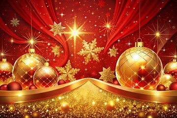 Sparkling golden christmas ornaments and festive red drapes