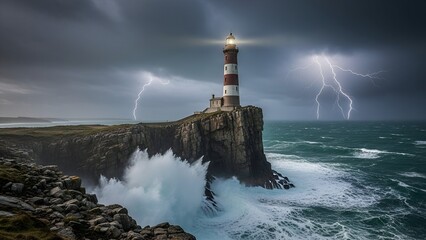 A lighthouse stands defiant against a stormy ocean backdrop with dramatic lightning strikes