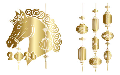 Golden antique vector illustration of a new year horse silhouette pattern border for holiday decoration and luxury celebration design