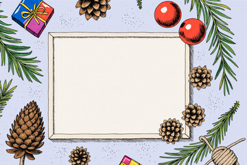 Festive christmas frame with pine cones ornaments and evergreen branches