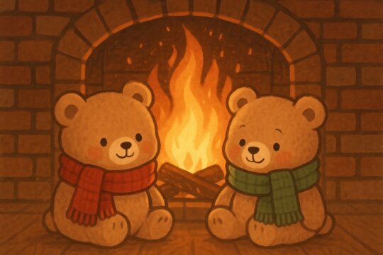 Cozy bears by fireplace warmth.