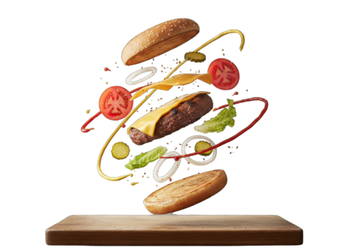 A Deconstructed Burger With Sesame Seed Bun Tomato Lettuce Onion Cheese And Beef Patty Floating Above A Wooden Cutting Board With A Black Background Studio Lighting