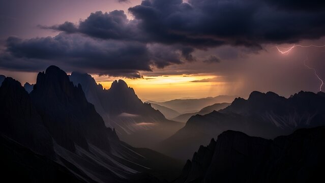 Majestic mountain range under a dramatic sky with lightning strikes and a sunset