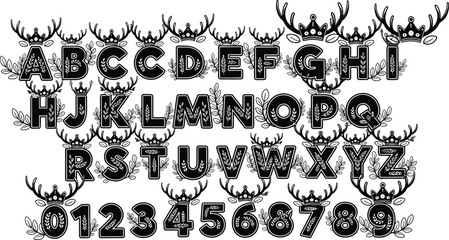 Decorative Christmas alphabet set featuring letters and numbers with reindeer antlers and crowns, vector illustration for holiday typography and monogram design.