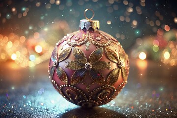 Ornate vintage christmas ornament with bokeh lights background