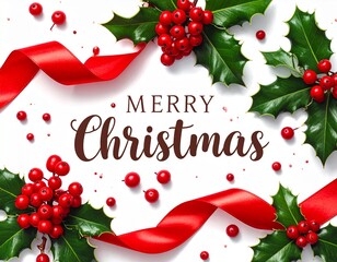 Festive Merry Christmas Greeting Card with Holly Berries and Red Ribbon on White Background