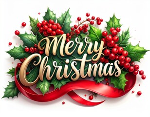Elegant Merry Christmas greeting featuring golden 3D typography nestled among festive holly leaves, bright red berries, and a flowing scarlet ribbon, a classic holiday celebration concept