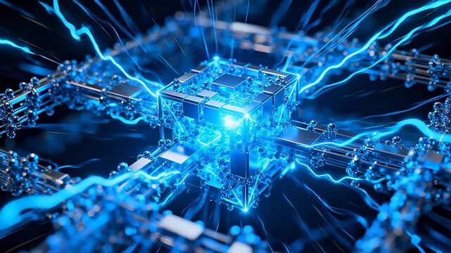 Abstract blue cube with glowing connections