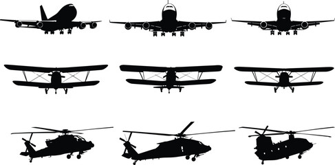 A vector collection featuring nine distinct aircraft silhouettes, including large passenger jetliners, classic biplanes, and modern military helicopters © pappa
