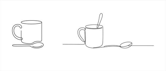 Minimalist line art drawing of coffee cups and spoons with simplicity