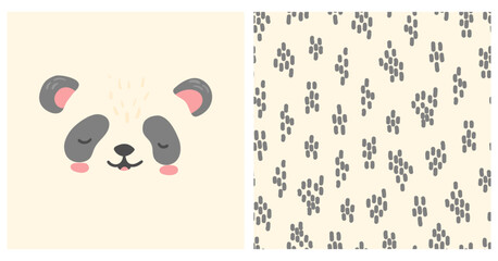 Panda bear graphics. cute little bear face and seamless pattern. Baby poster nursery wall art, card