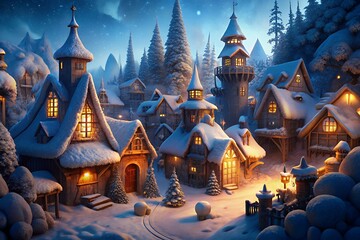 Enchanting snowy village illuminated by warm lights at dusk