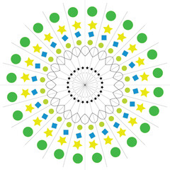 Colorful Geometric Mandala with Stars, Circles, and Squares