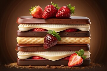 Decadent chocolate strawberry stacked dessert with cream and wafer layers