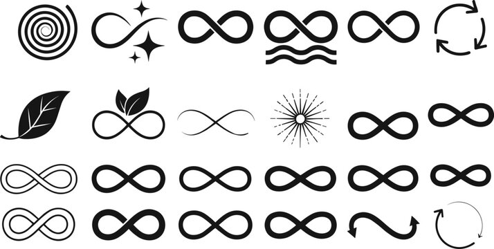 A large vector icon collection featuring various infinity symbols combined with elements like leaves, waves, and spirals, signifying eternal nature, limitless energy,