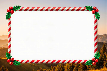 Festive christmas candy cane border with holly and berries on a scenic background