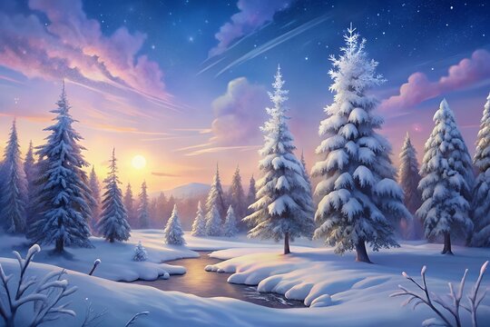 Enchanting winter sunset over snow covered pine forest and frozen stream