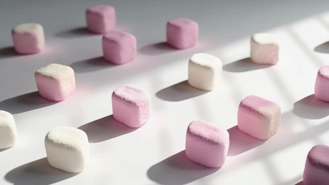 Pink and white marshmallows arranged in a neat pattern on a clean surface. Sweet candy background for confectionery branding or dessert recipes with bright natural sunlight