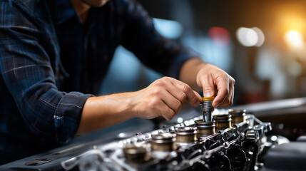 Car engine servicing, mechanic hands working, automotive repair procedure, motor maintenance task, workshop environment visible, professional technician activity, faceless worker d
